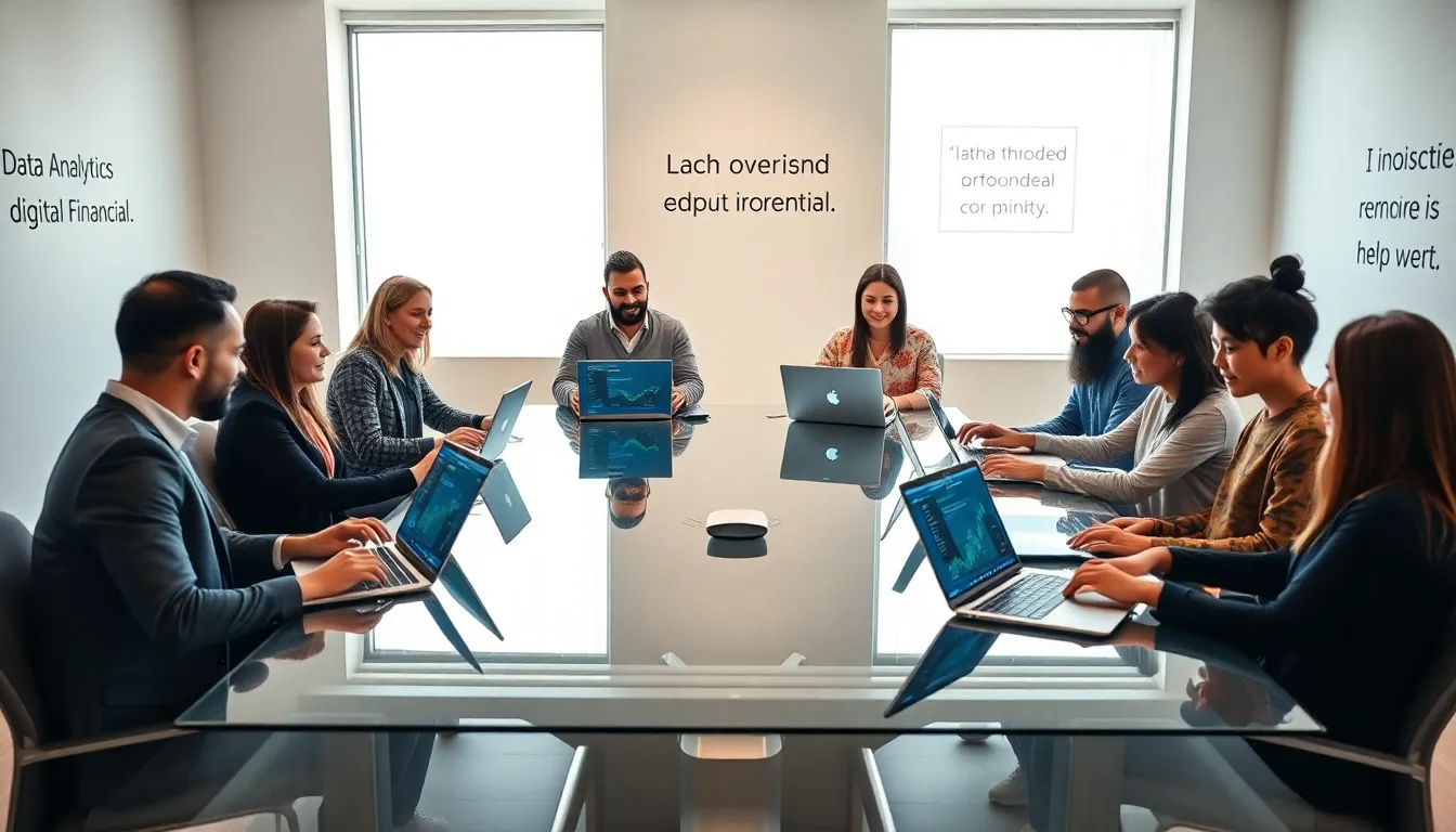 diverse team collaborating in a modern remote fintech workspace.
