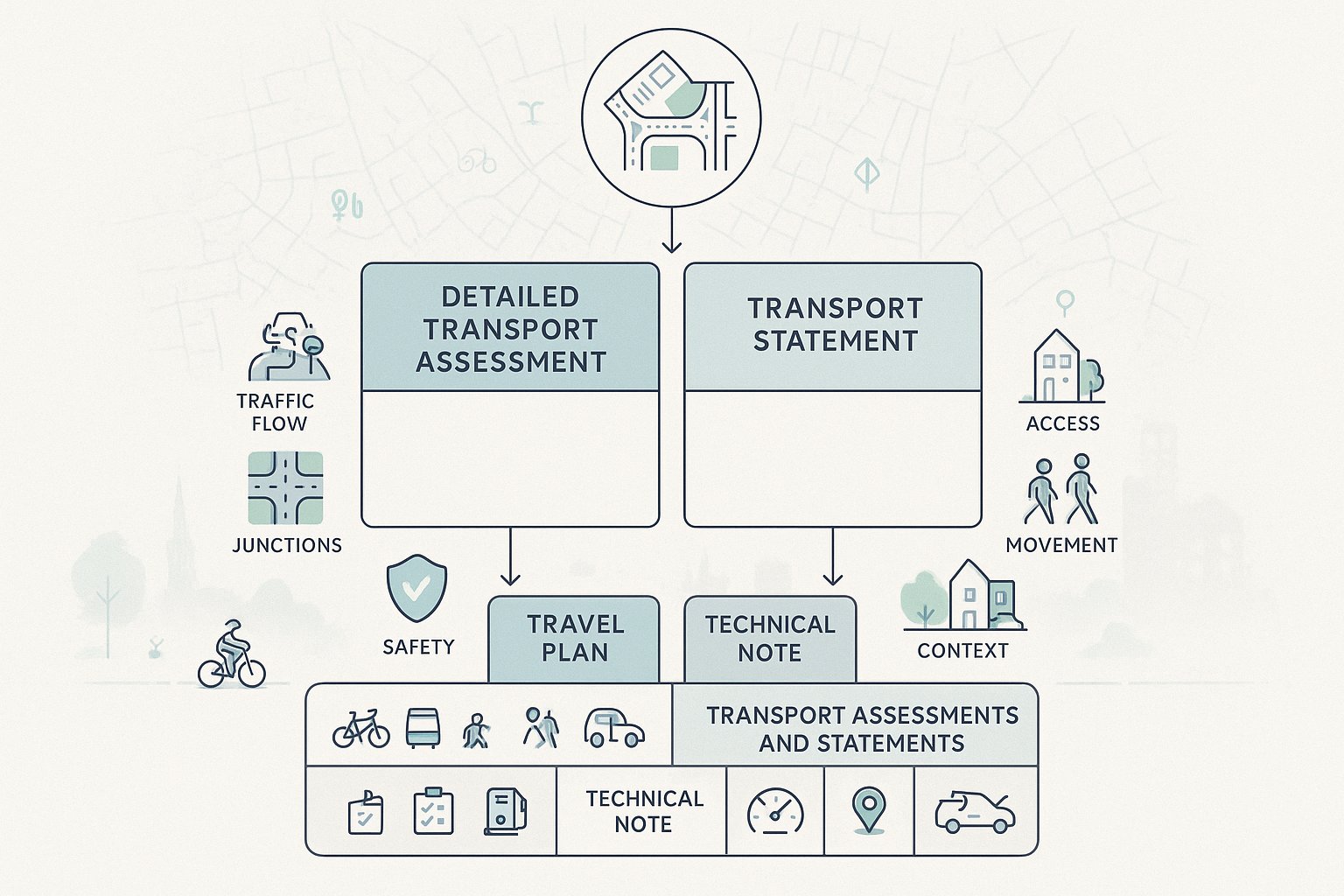Infographic of Coventry planning transport documents, from assessment types to supporting evidence.