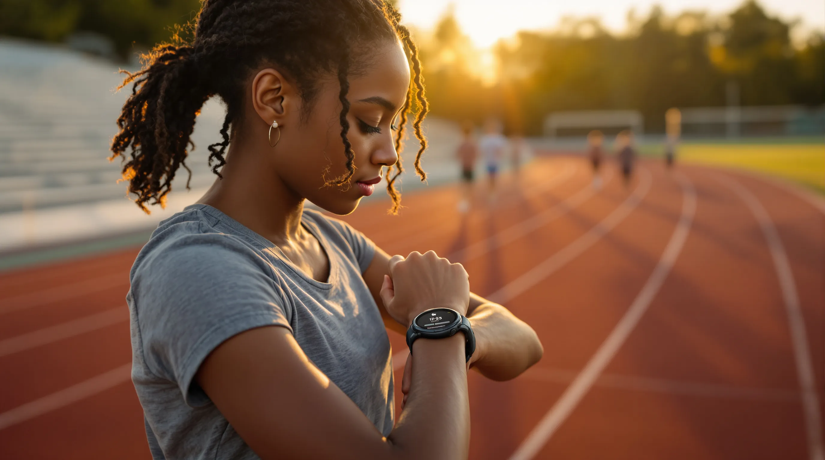 Teen runner checks Garmin watch on a sunlit high school track.