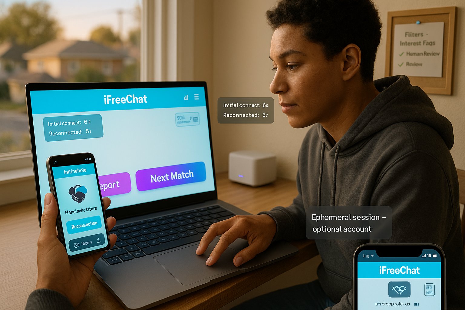 Person at desk using iFreeChat on laptop and phone showing connection stats.