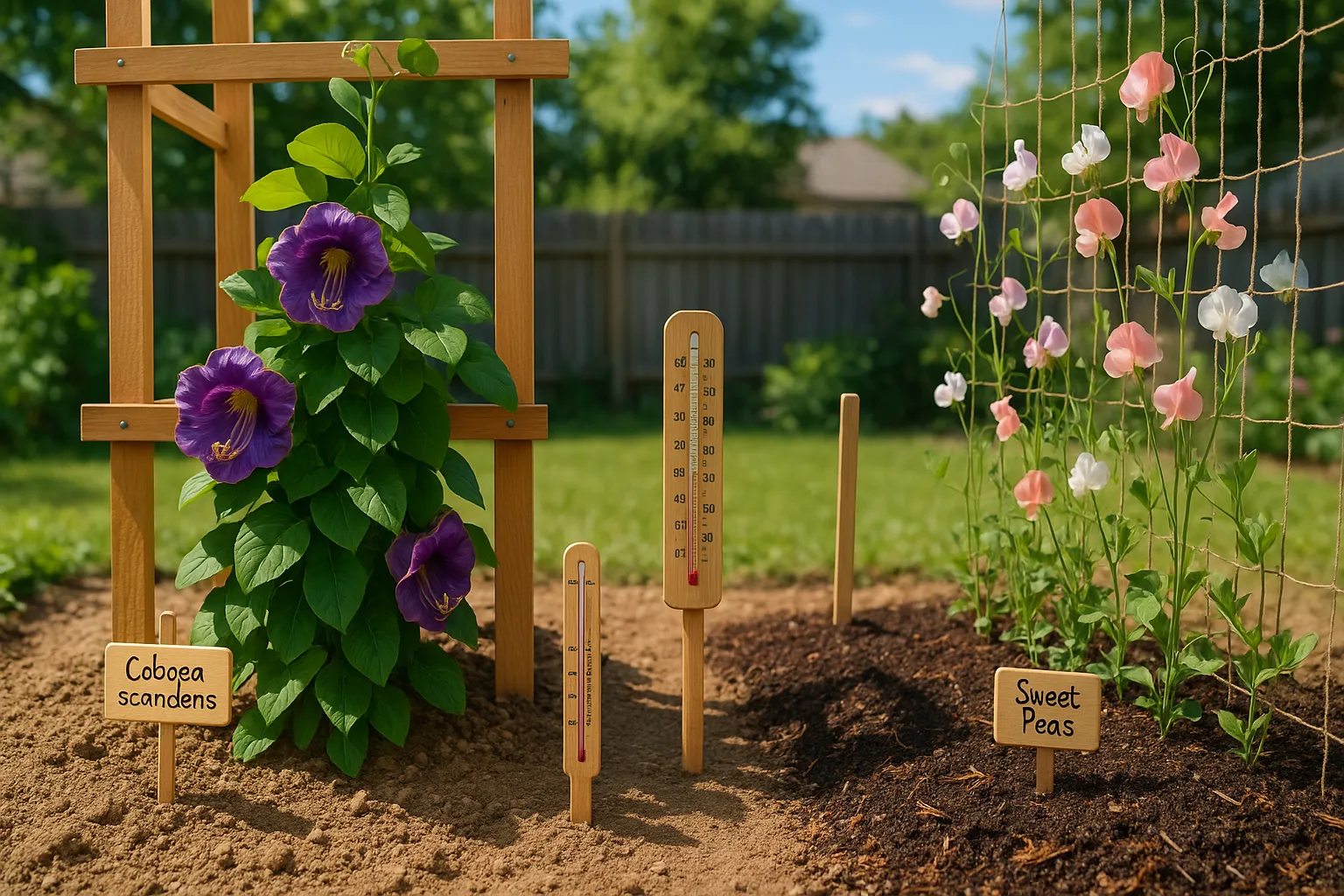 Side-by-side Cobaea scandens and sweet peas in contrasting garden soils.