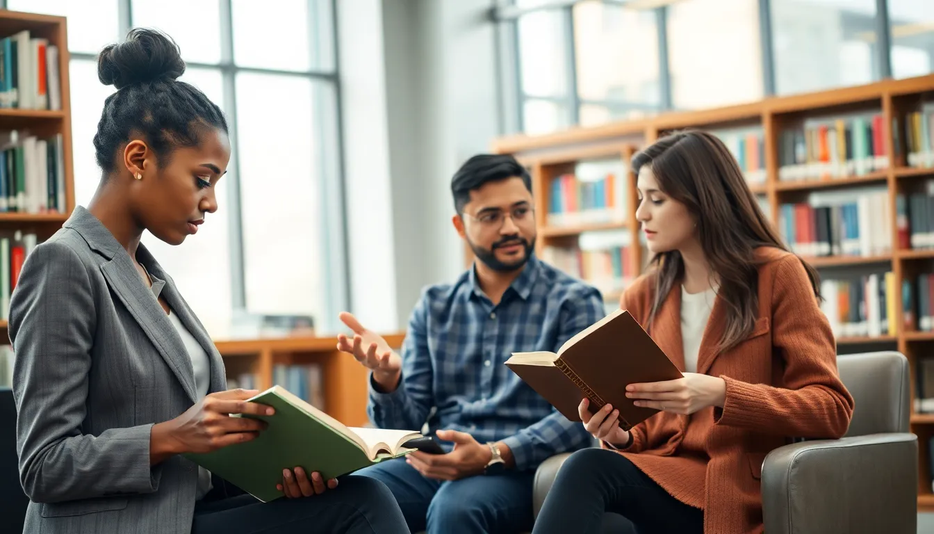 diverse group discussing books in a contemporary library.