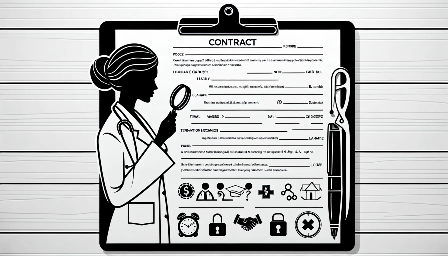Dentist examining a contract clipboard with icons and Maryland outline.