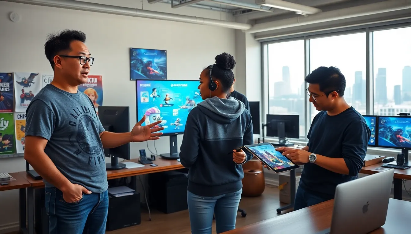 A diverse group of game developers collaborating in a modern studio.