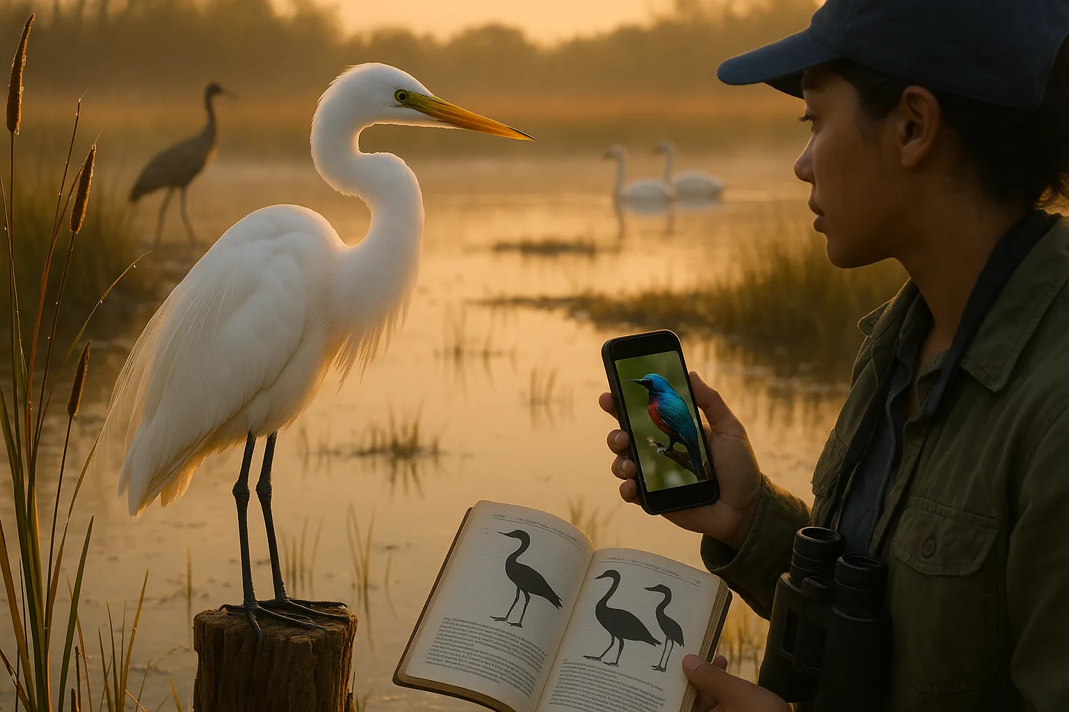 Great egret on a marsh stump with birder comparing a Bird of Paradise photo.