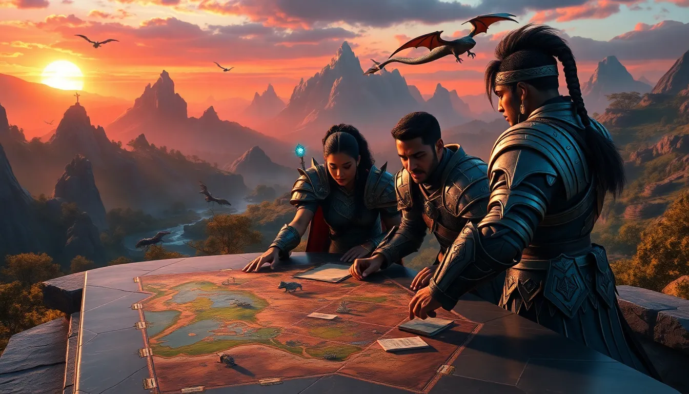 diverse players strategizing in a fantasy landscape.