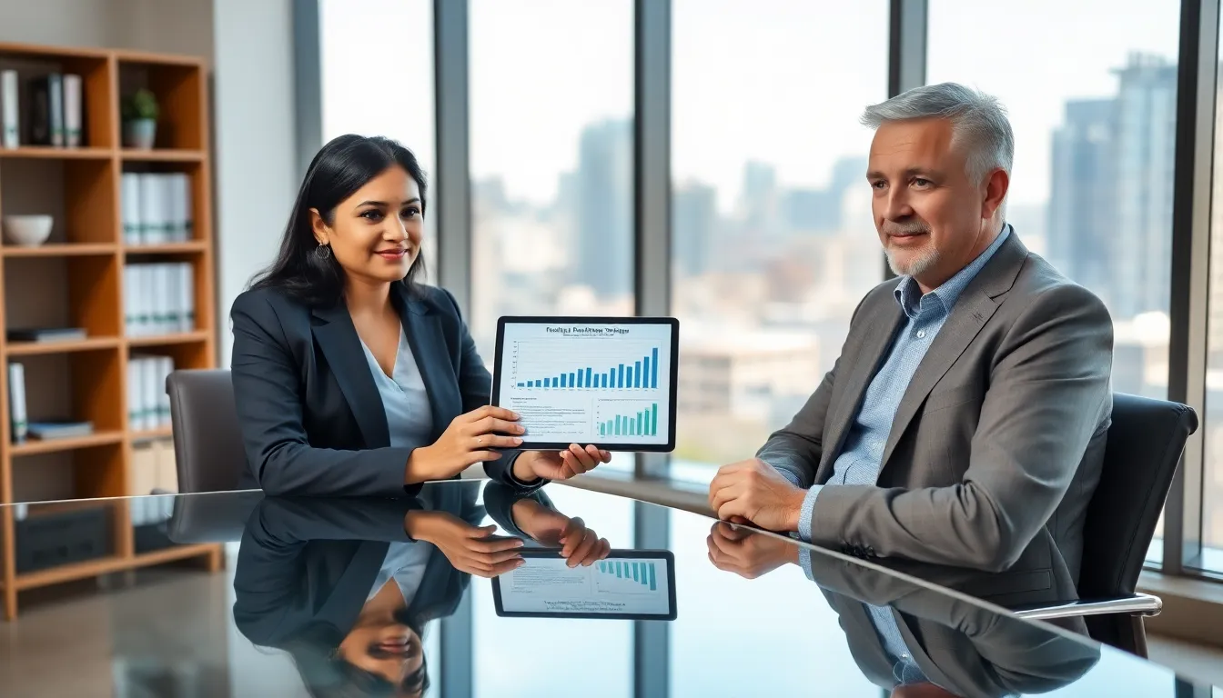 financial advisor discussing retirement planning with a client in a modern office.