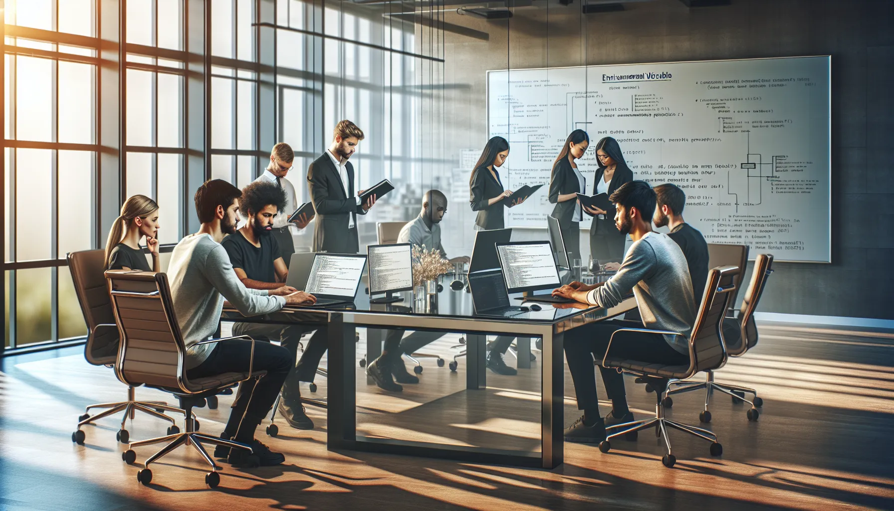 diverse team troubleshooting code in a modern office.