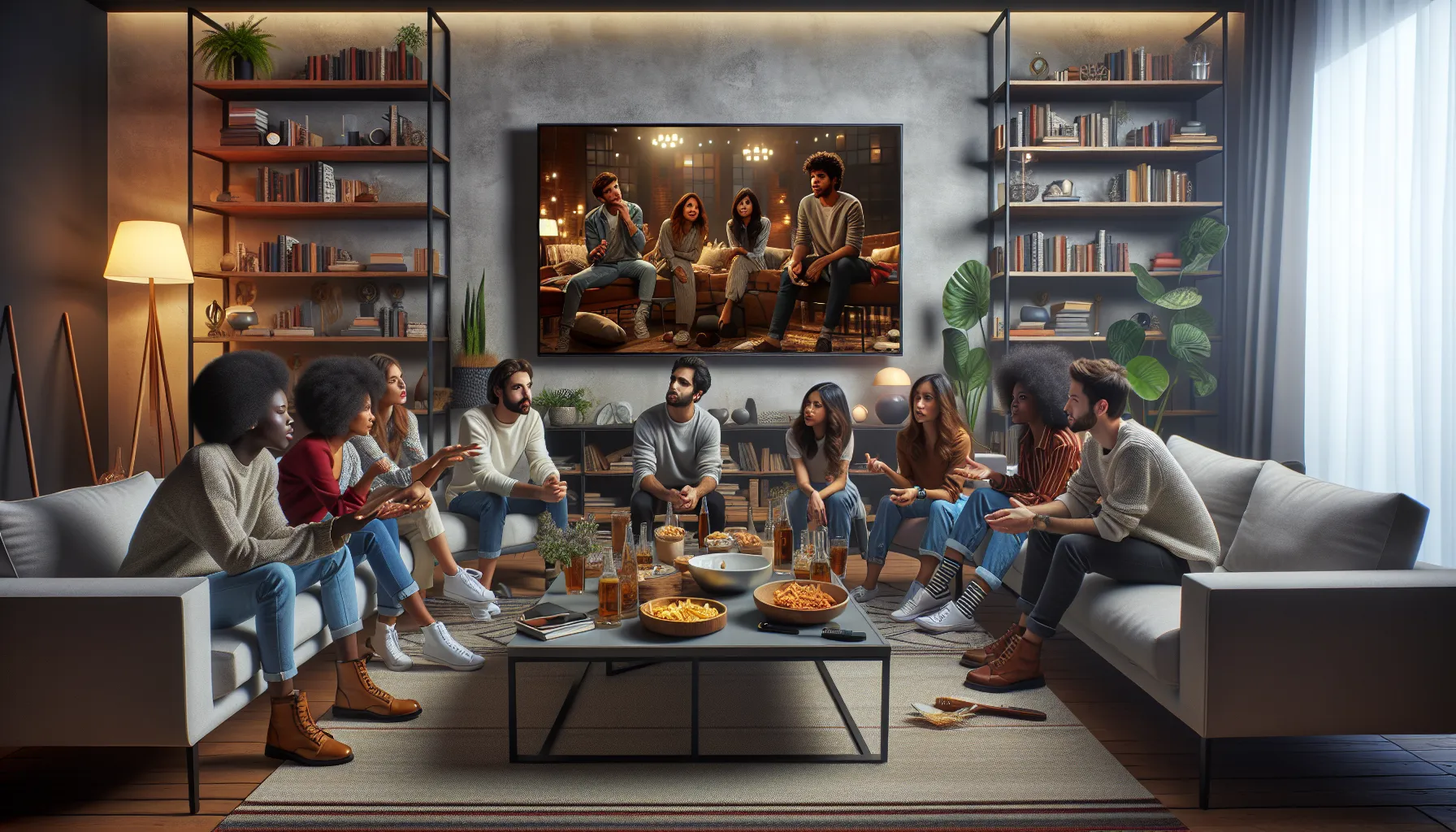Group of young adults discussing a TV show in a cozy living room.