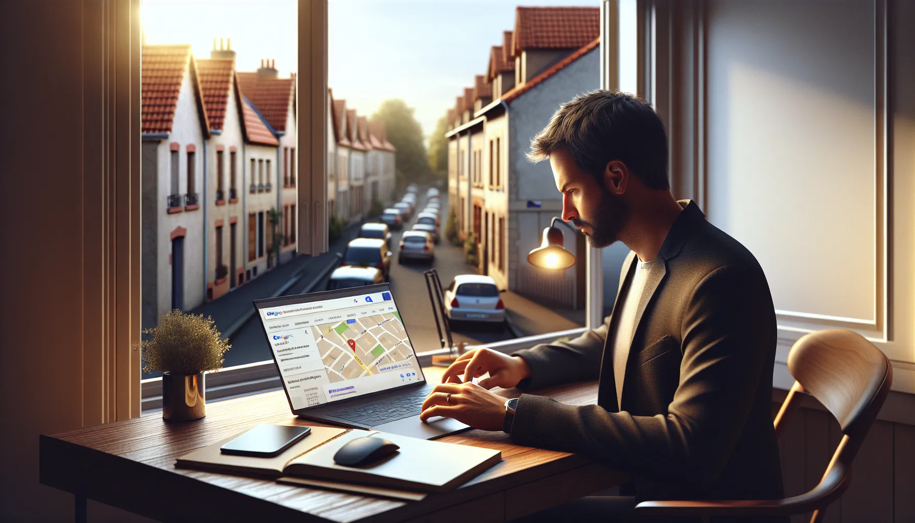 Local business owner in Pontcarré viewing top Google results and calls on laptop.