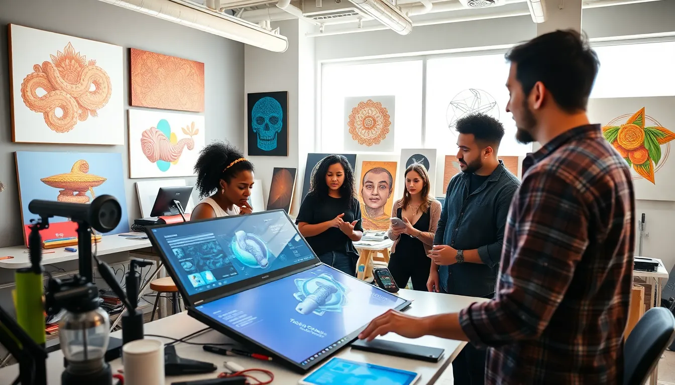 diverse artists collaborating on digital art in a modern studio.