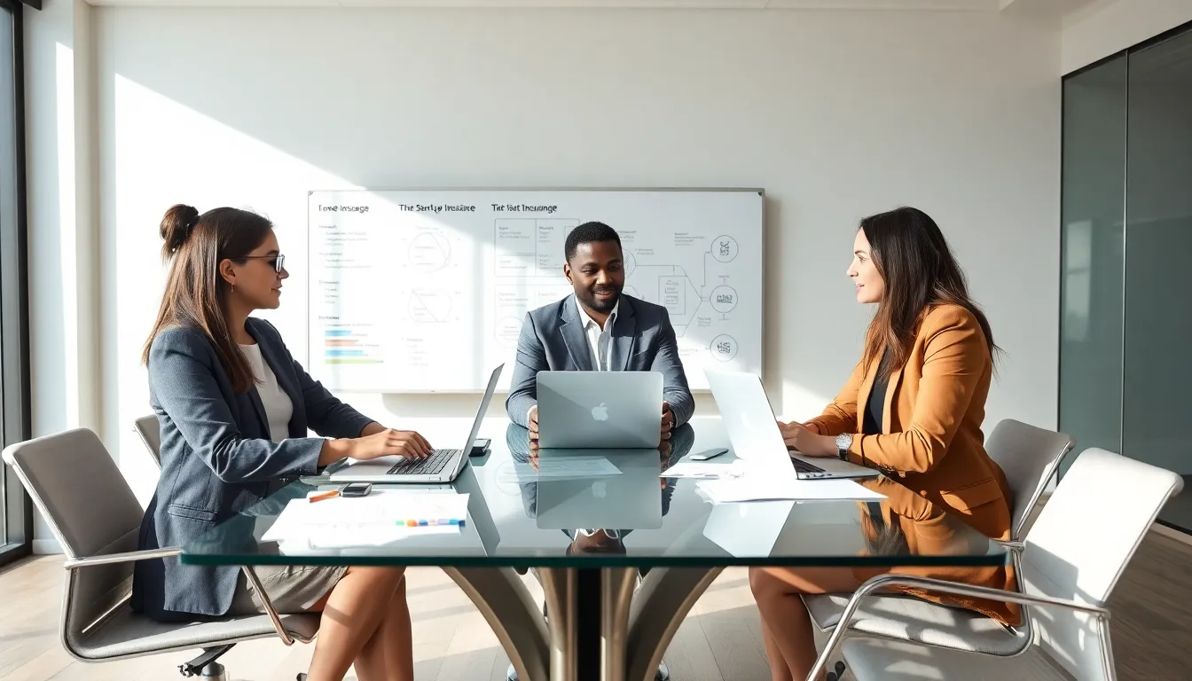 diverse team discussing tech startup insurance in a modern office.