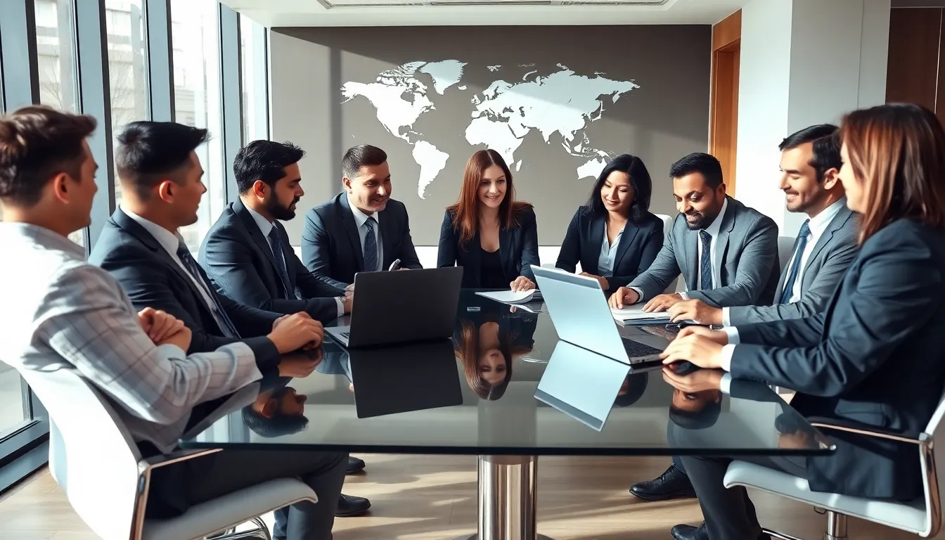 diverse professionals collaborating in a modern office on global affairs.
