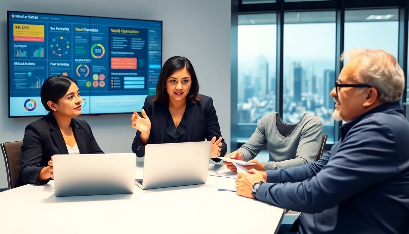 three professionals in a modern office discussing digital marketing strategies.