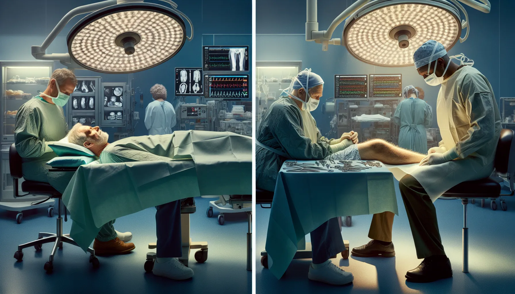 a side-by-side view of hip and knee replacement surgeries in a hospital