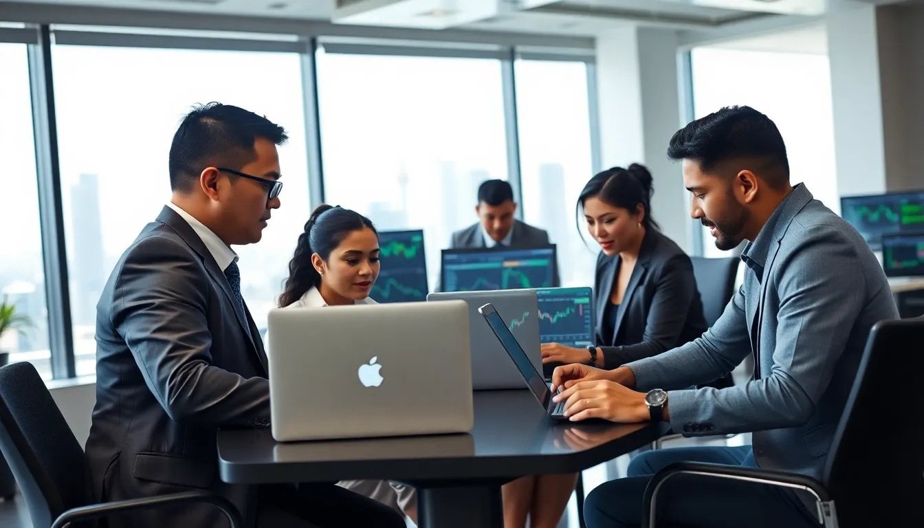 diverse professionals engaged in online trading in a modern office setting.