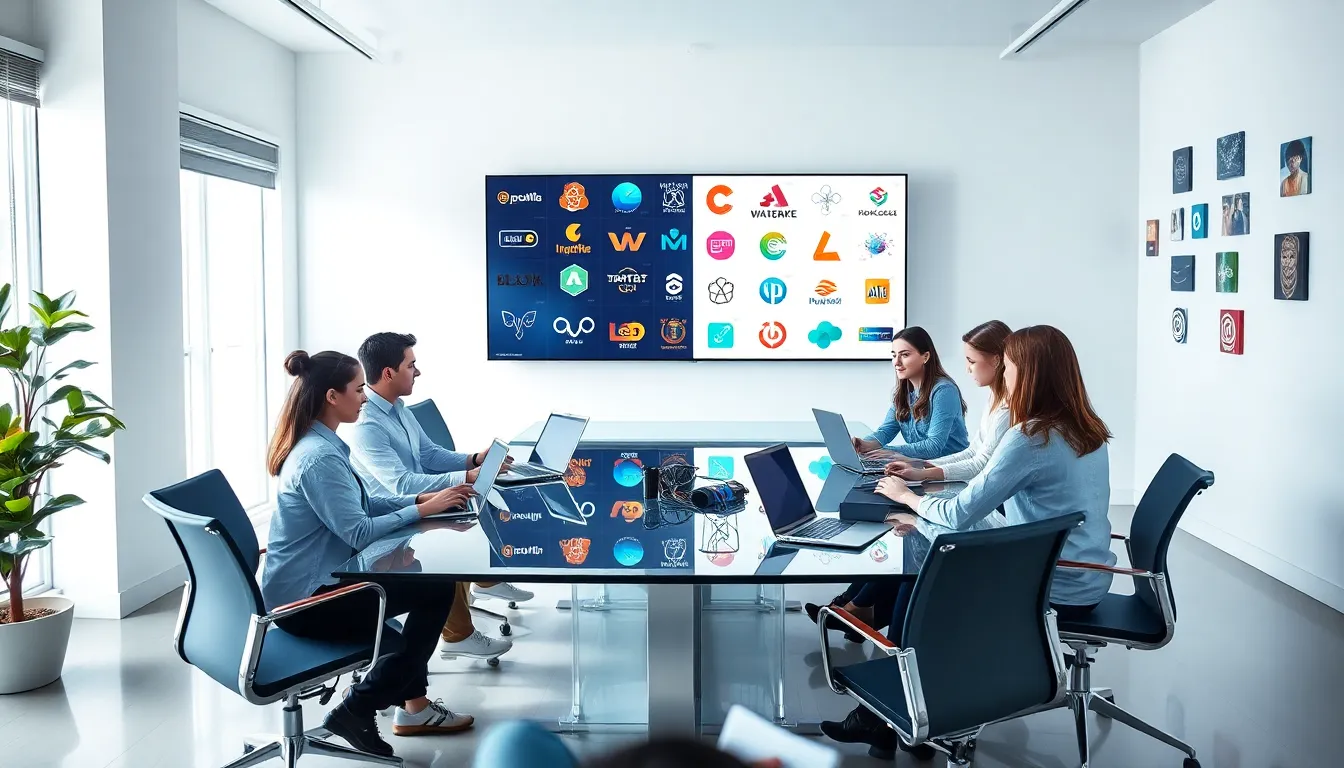 diverse team designing tech startup logos in a modern office.
