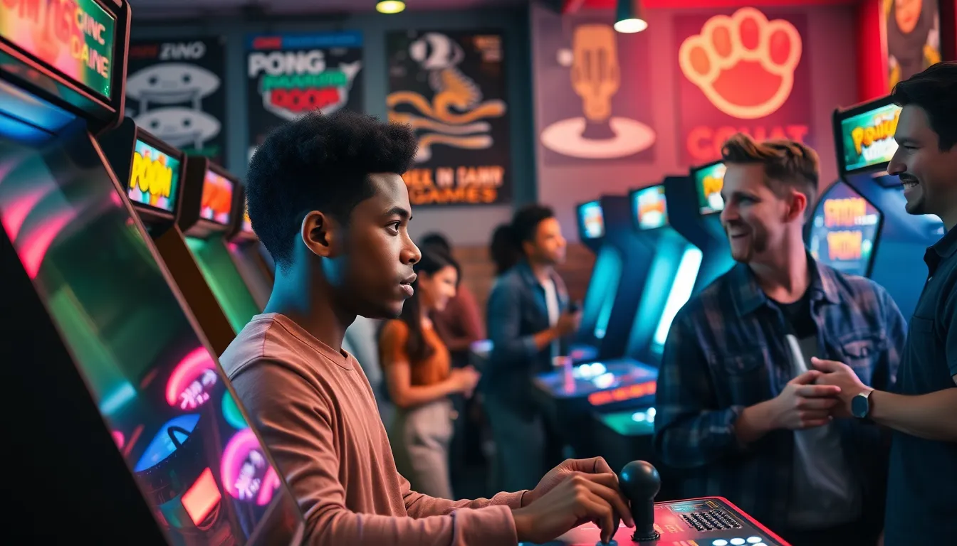 A young man playing a classic arcade game in a vibrant gaming arcade.