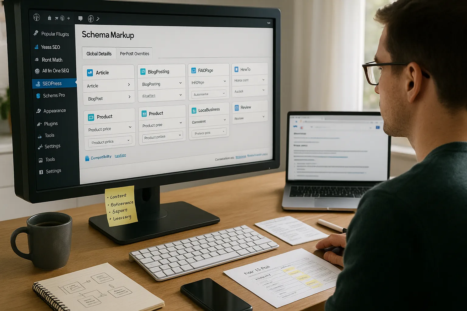 Marketer comparing WordPress schema markup plugins on a desktop screen in a home office.