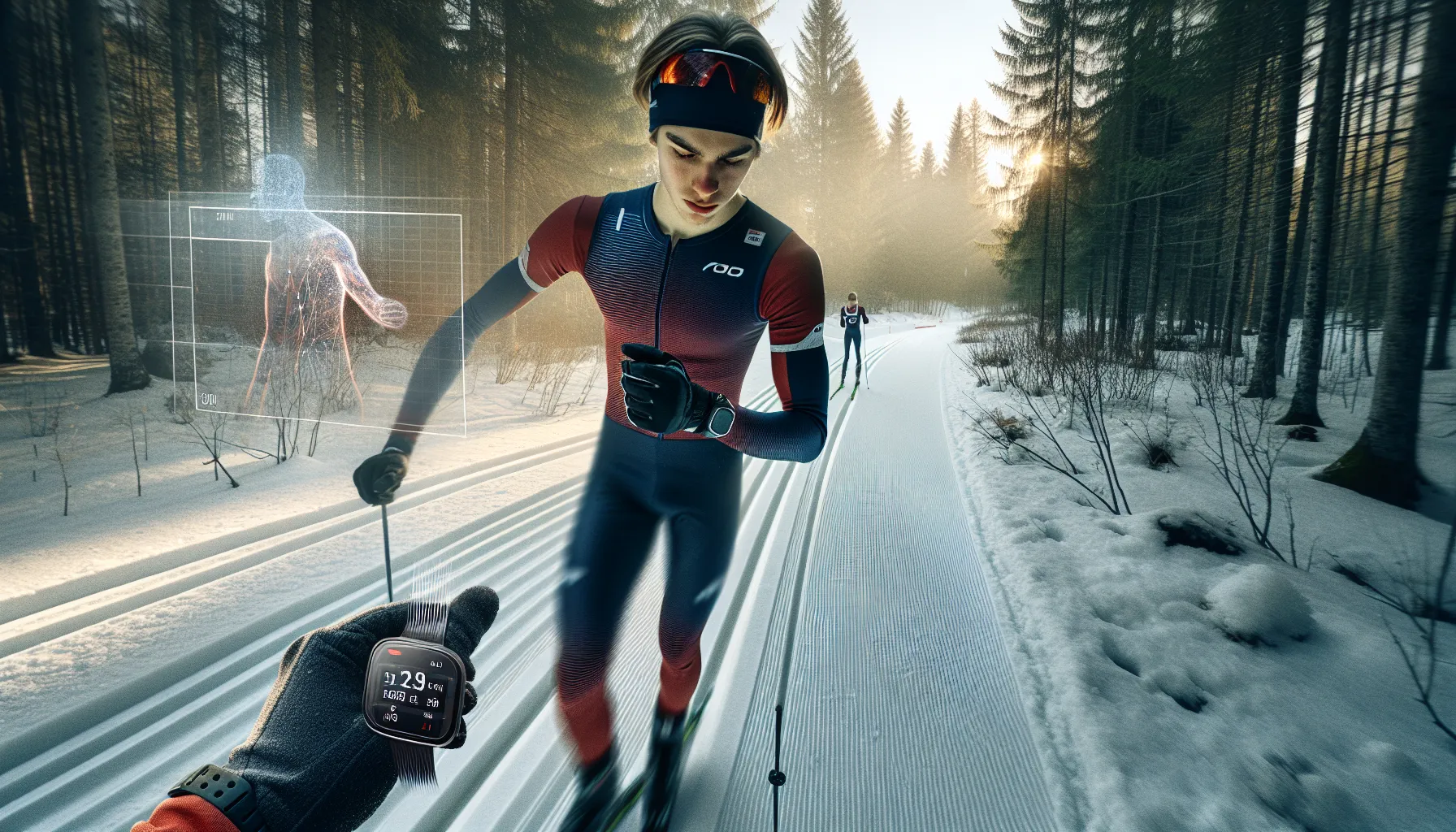 Norwegian cross-country skier training easily while checking heart-rate intensity zone.