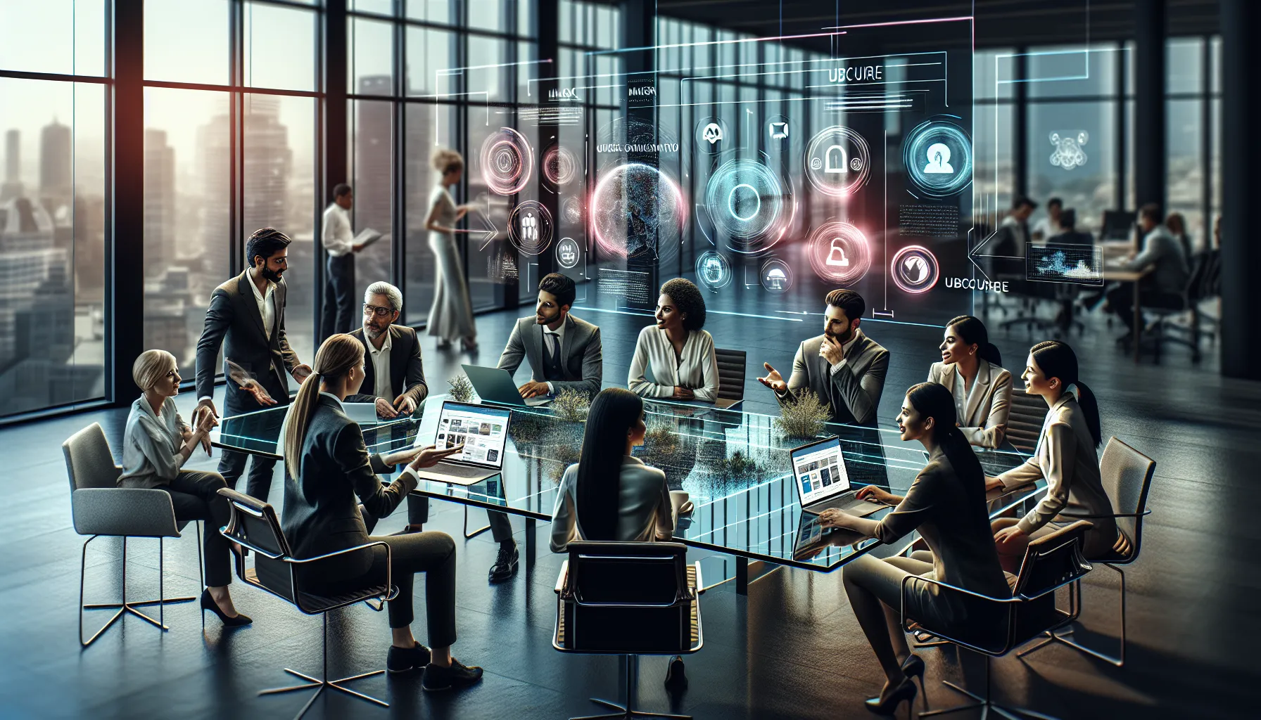professionals collaborating at a conference table, showcasing website navigation.