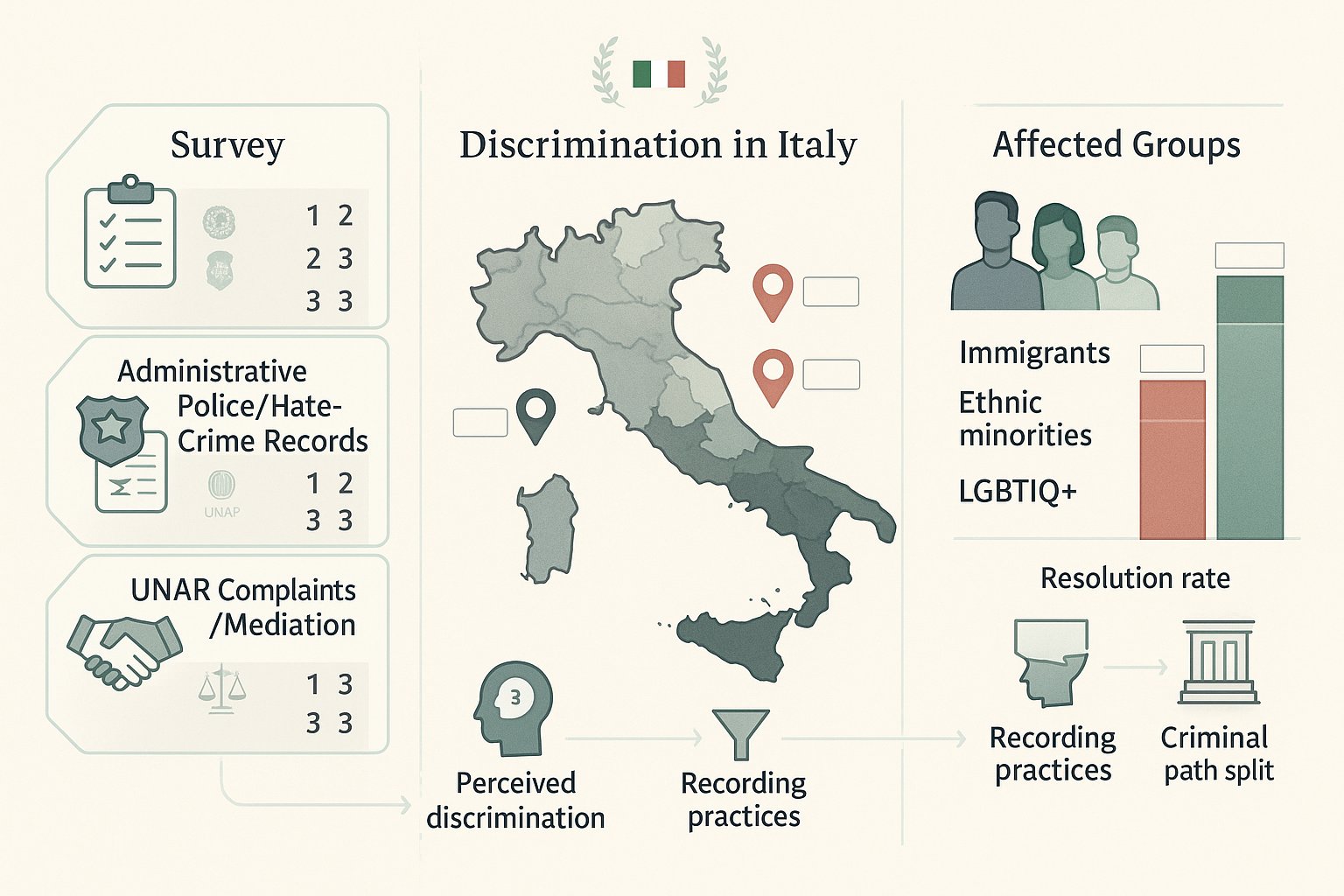 Infografica trittica che mostra fonti di dati, mappa dell'Italia e tassi di discriminazione per gruppo.