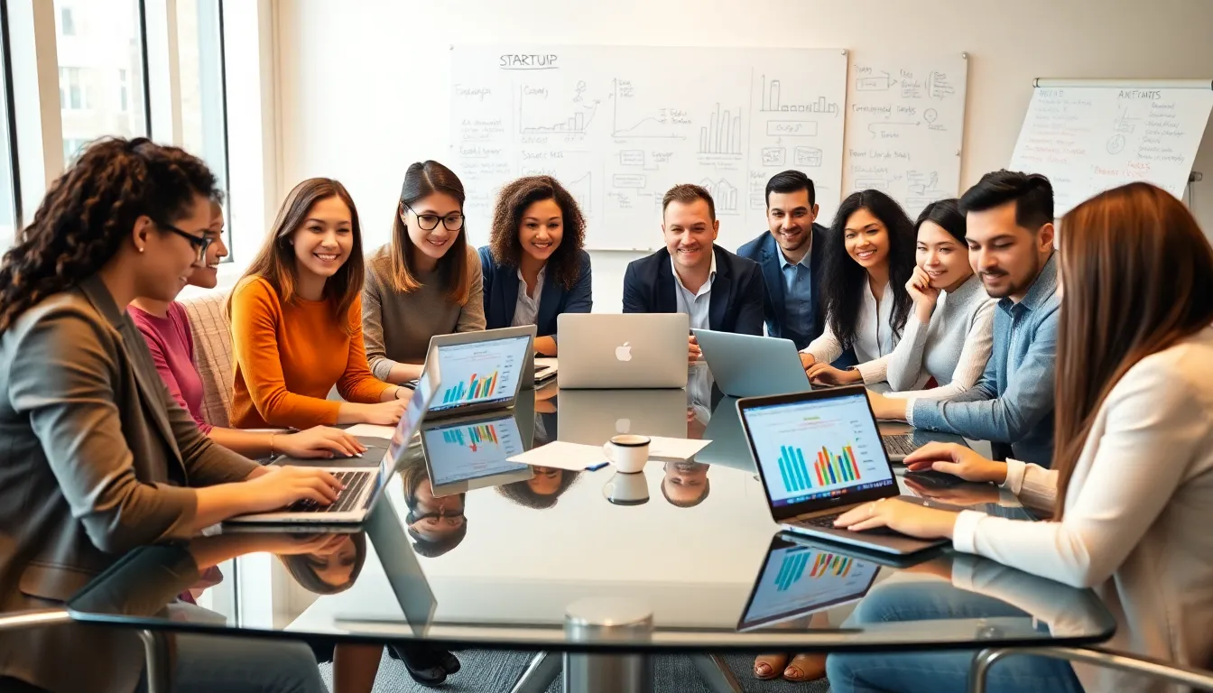 diverse team collaborating on startup strategies in a modern office.