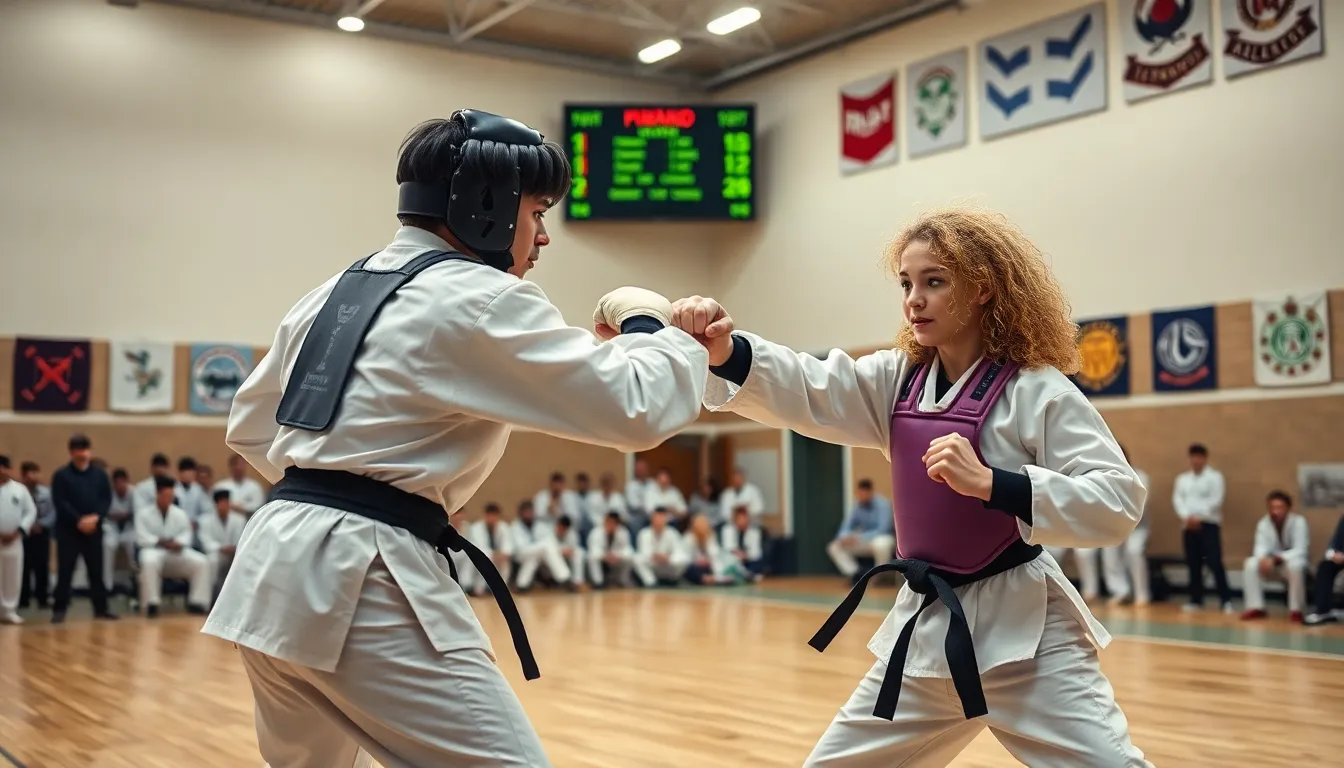 Taekwondo athletes sparring in a modern gym during a competitive bout.