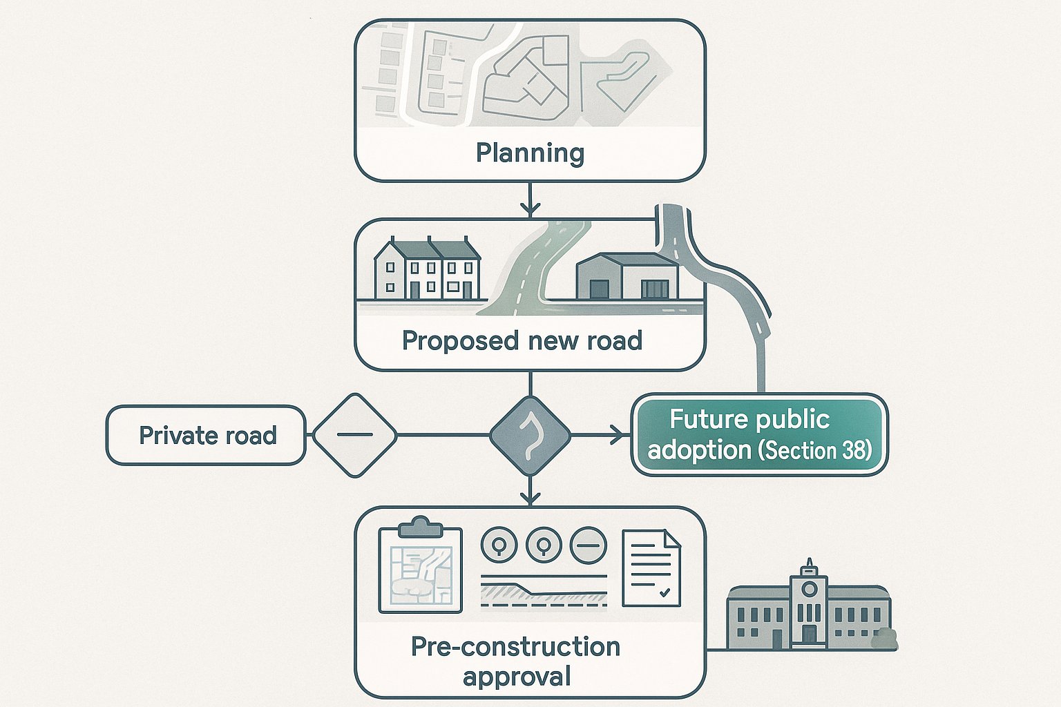Flowchart showing when a new UK road needs Section 38 adoption.