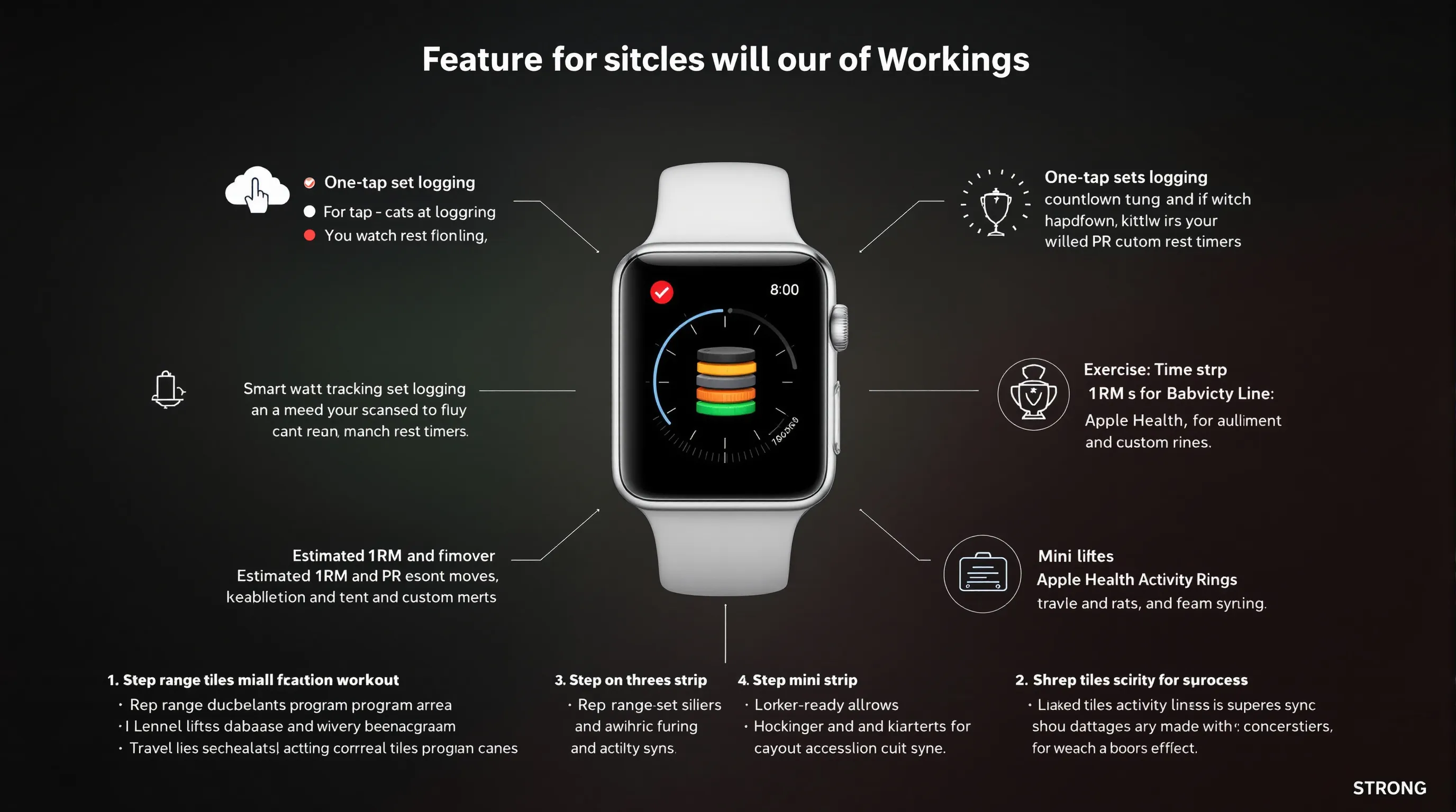 Infographic highlighting Strong’s Apple Watch strength tracking features and tips.