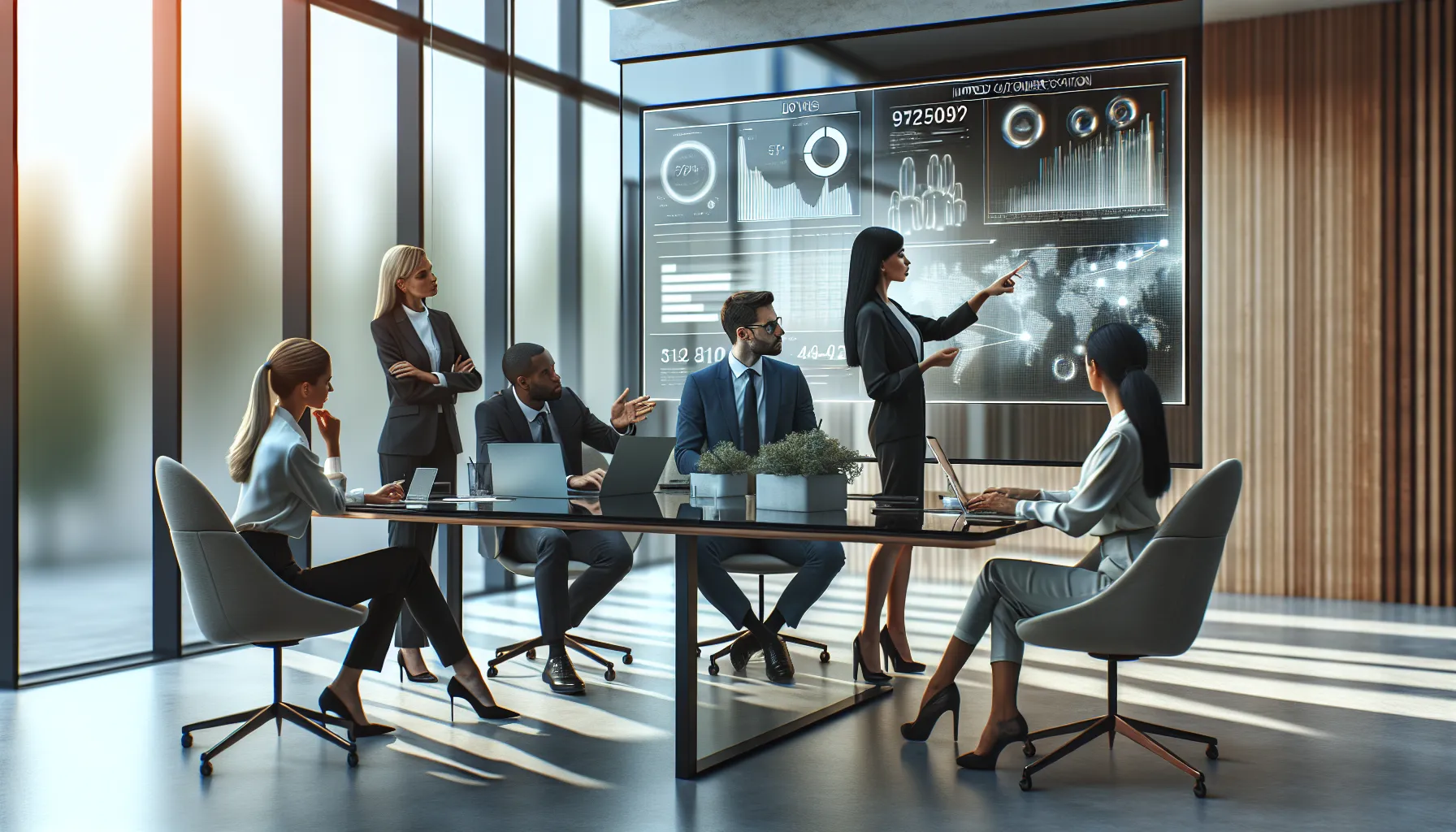 diverse professionals discussing data analytics in a modern office.