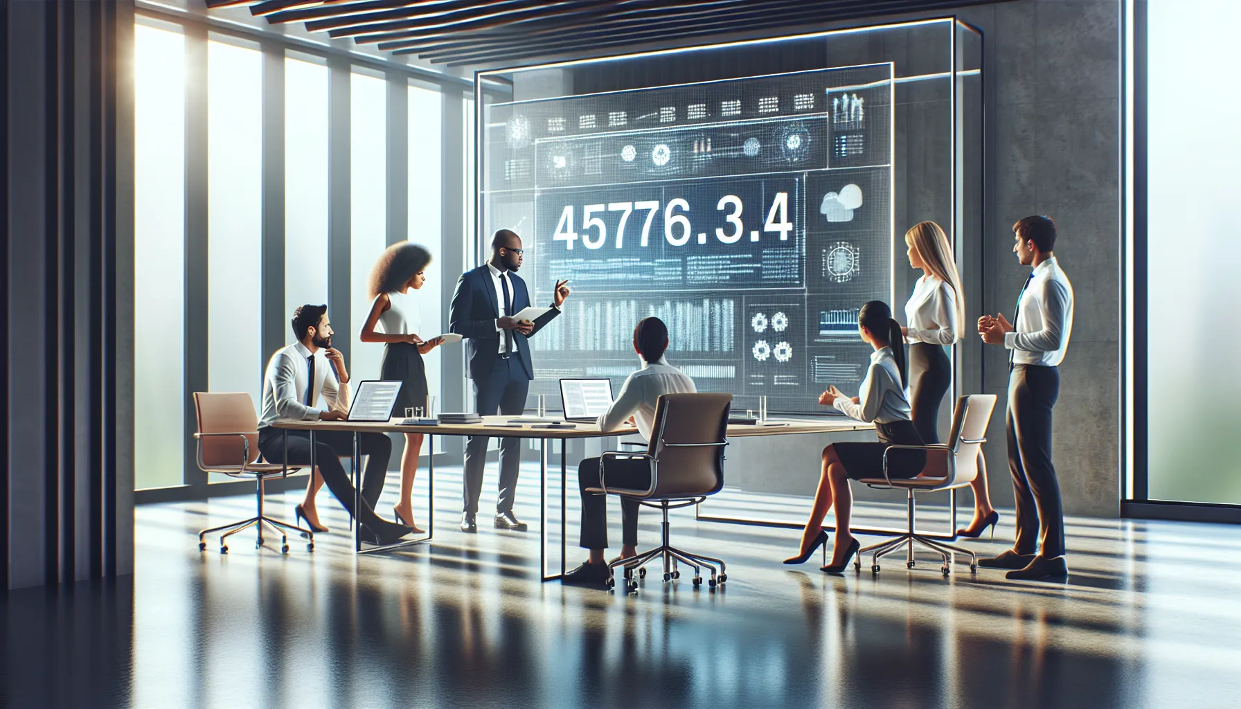 professionals collaborating over coding system 4576.33.4 in a modern office.