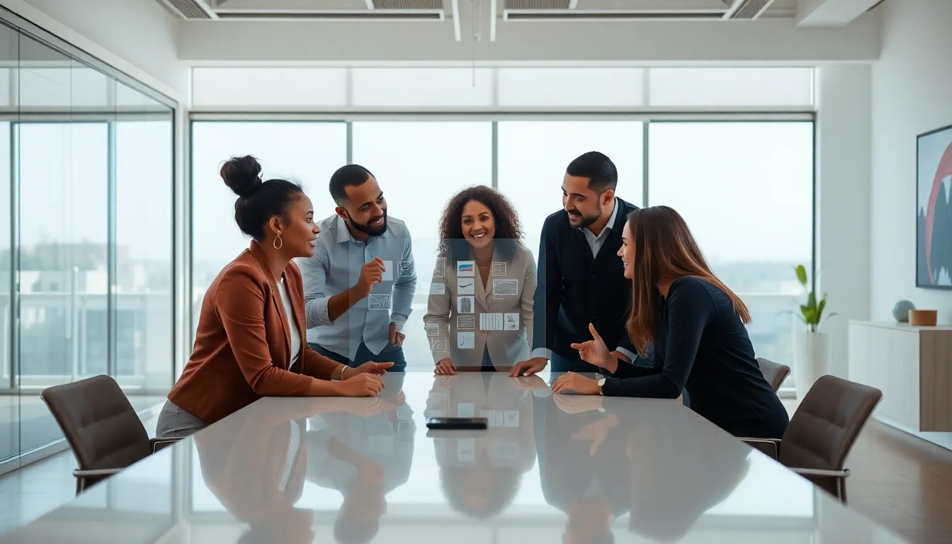 diverse professionals brainstorming in a modern office setting.