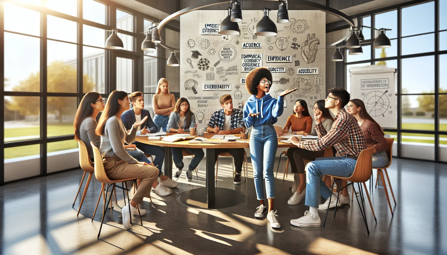 students discussing criteria for evaluating statement accuracy in a classroom.