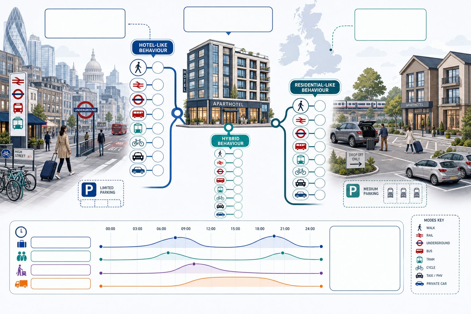 Infographic showing aparthotel trip generation, travel modes, and city versus suburban patterns.