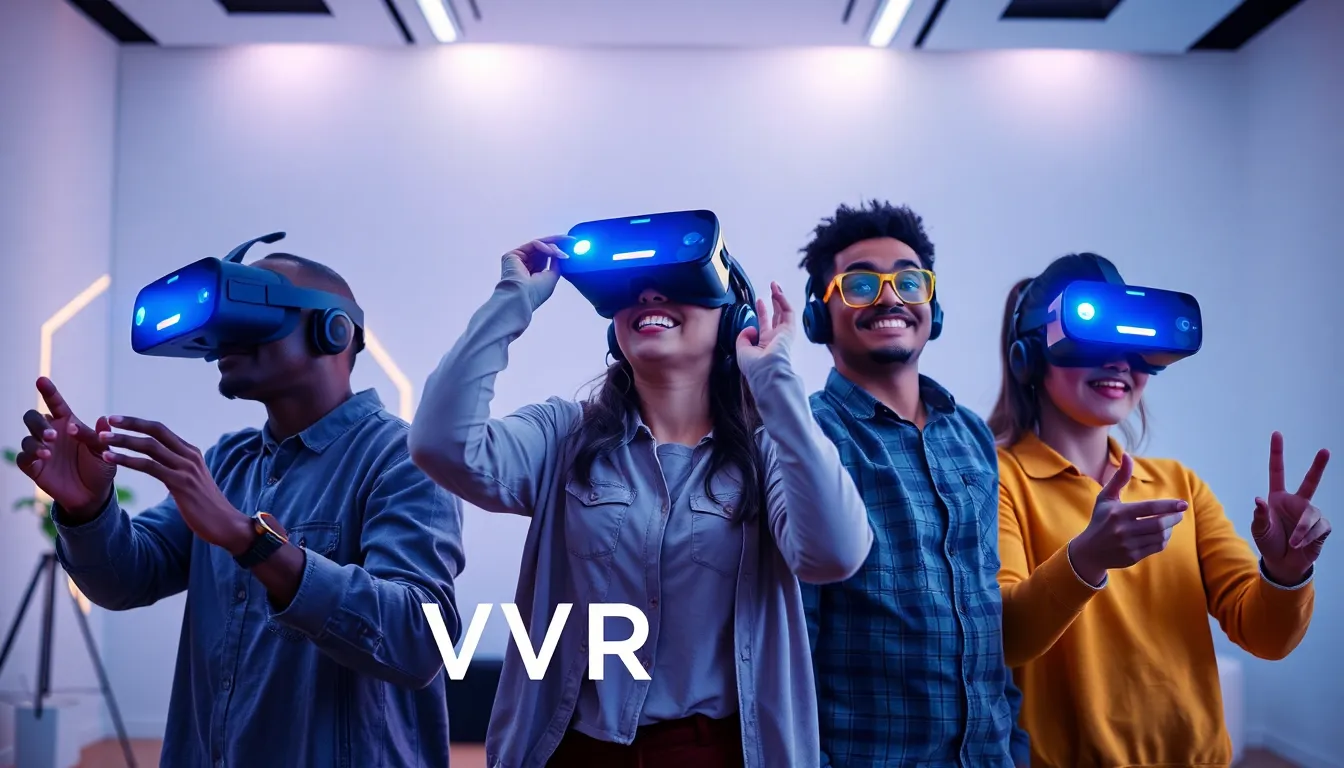 diverse gamers experiencing virtual reality in a modern setting.