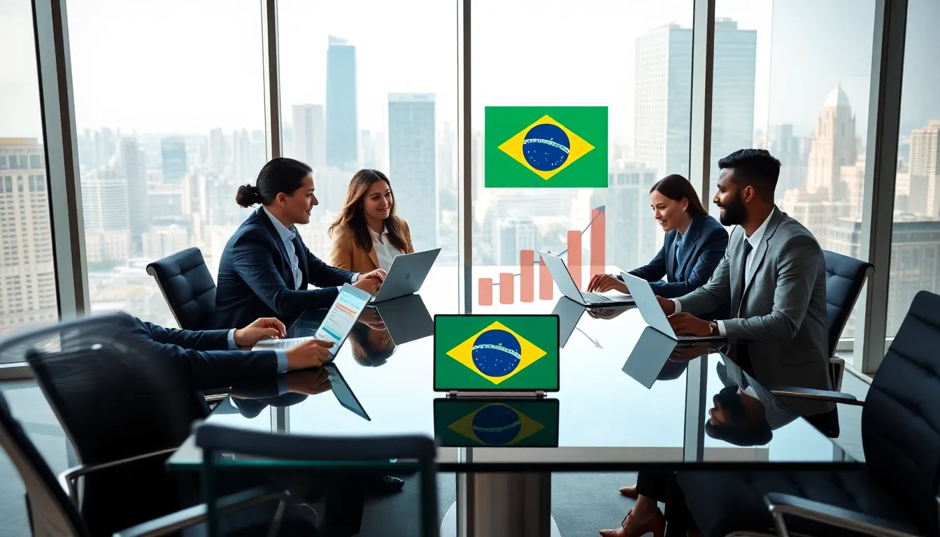 diverse professionals discussing Brazilian investment opportunities in a modern boardroom.
