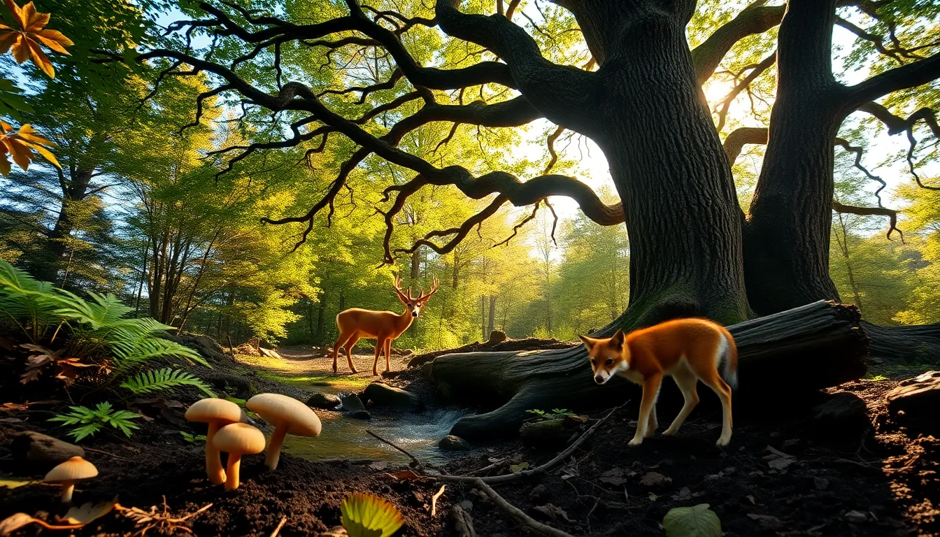 Sunlit oak with deer, fox, stream, and mushrooms in a temperate forest ecosystem.