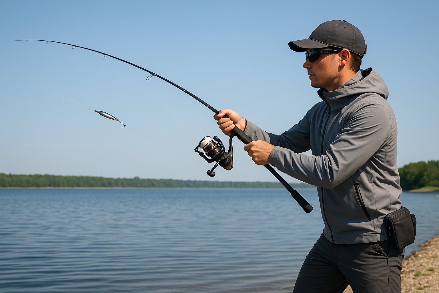 Angler making a long cast with a spinning reel from shore.