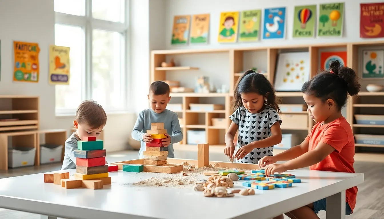 Children engaged in hands-on activities in a colorful Montessori classroom.