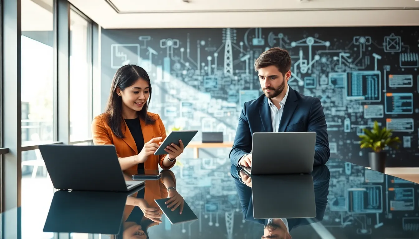 diverse professionals analyzing data in a modern office.