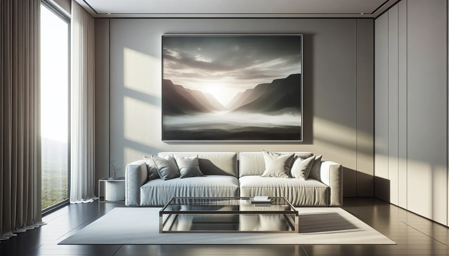modern living room with a large panoramic art print.