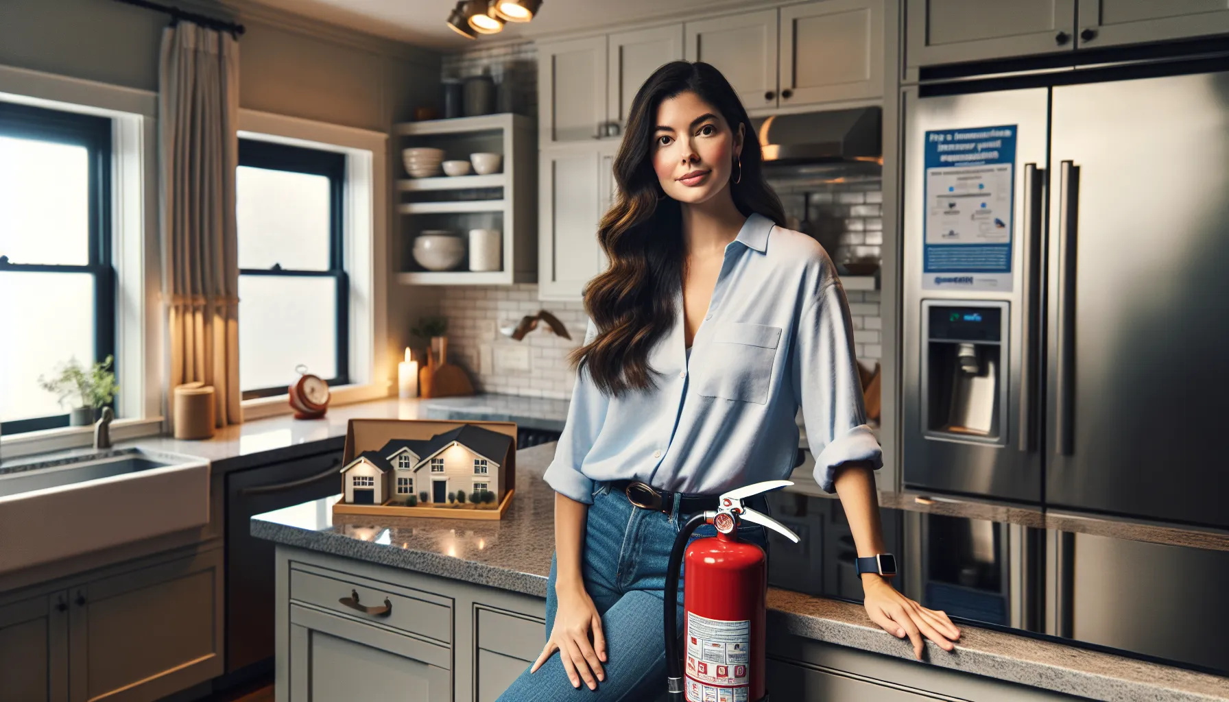 a woman demonstrating fire safety measures in a kitchen setting.
