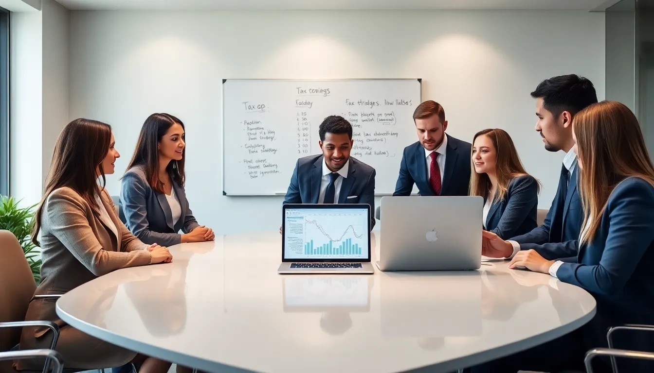 diverse team discussing tax strategies in a modern office.