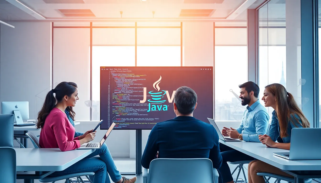 diverse developers collaborating on Java programming in a modern office.