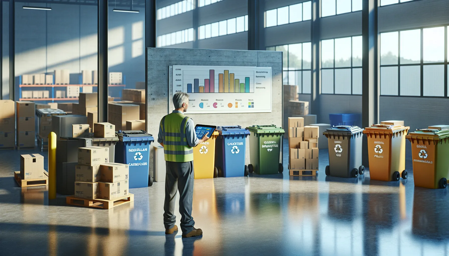 Norwegian warehouse worker organizing labeled recycling bins while reviewing waste cost savings.