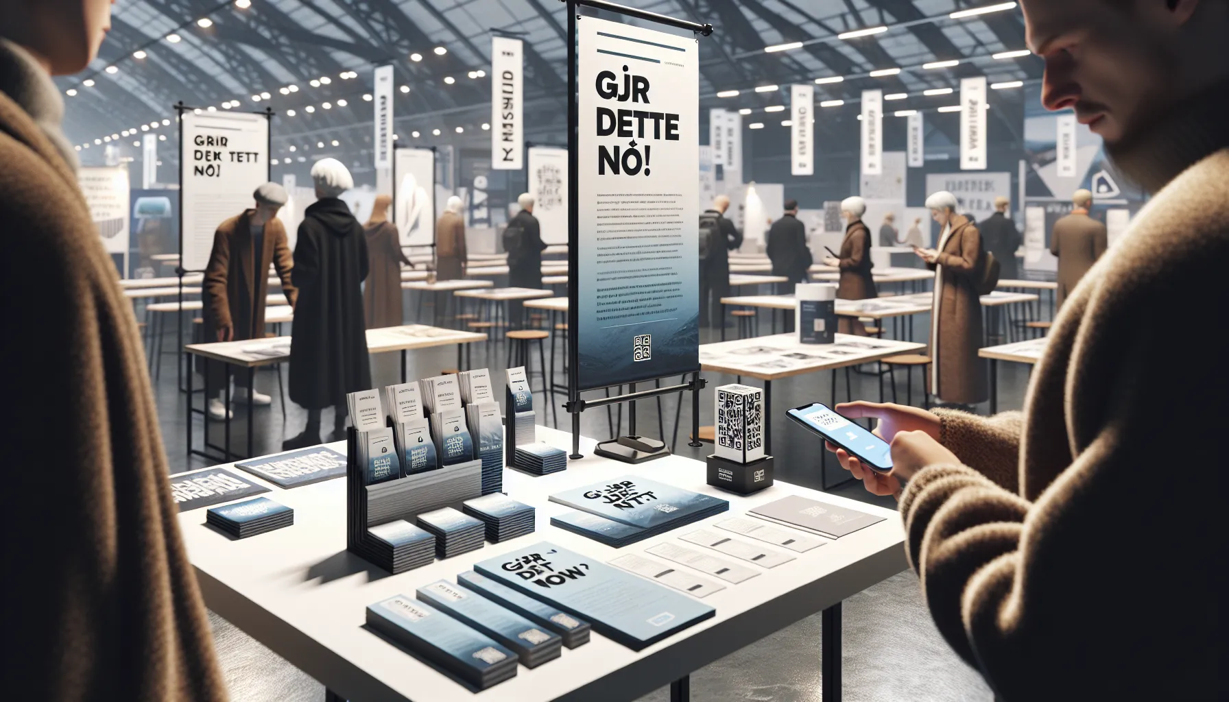 Trykksaker for messer og events – hva fungerer best? 2 Visitor scans a qr code on branded flyers at a norwegian trade fair booth.