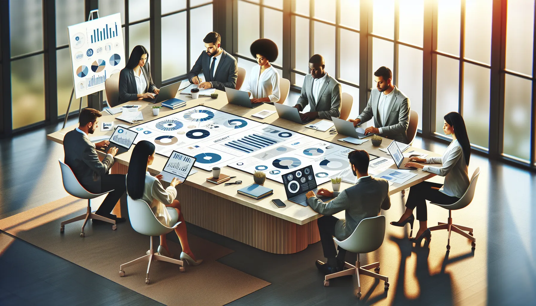 diverse team collaborating on a unified report in a modern office.