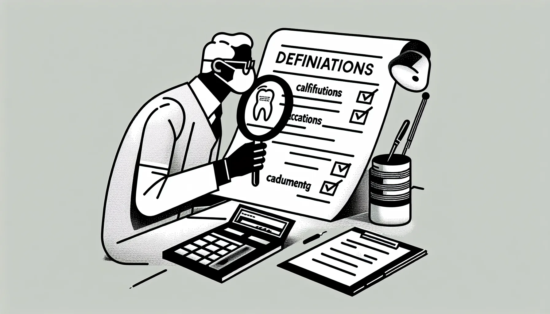 Dentist examining a compensation contract with magnifying glass and checklist.