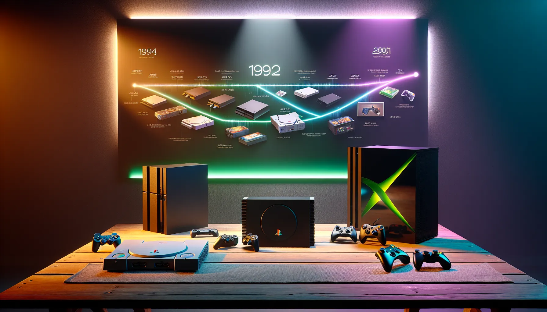 Original PlayStation and first Xbox side by side on a timeline backdrop.